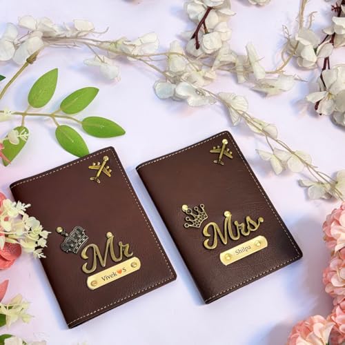 Image of Personalized Mr and Mrs Couple Passport Cover Set, Brown Leather, Travel Accessories with Airplane Design and Crown Embellishments