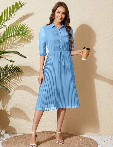 Image of Women V Neck 3 /4 Sleeve Pleated A-Line Dress with Belt Swing Midi Dresses for Spring Summer Autumn