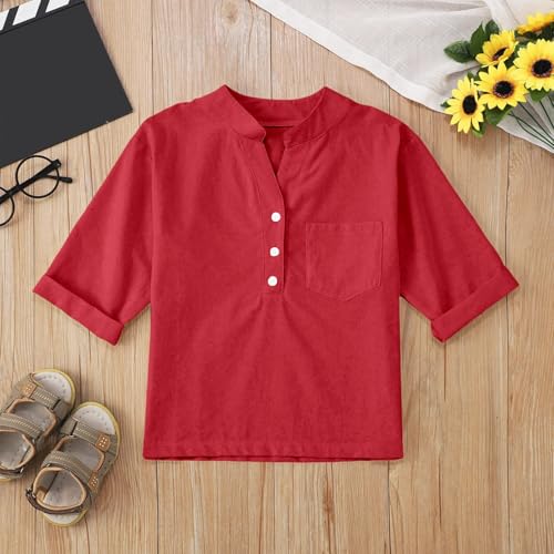 Girls Cotton Linen Shirts Elbow Length Sleeve V Neck Shirt Solid Tunic Blouse Button Down Tops School Uniform Shirts3