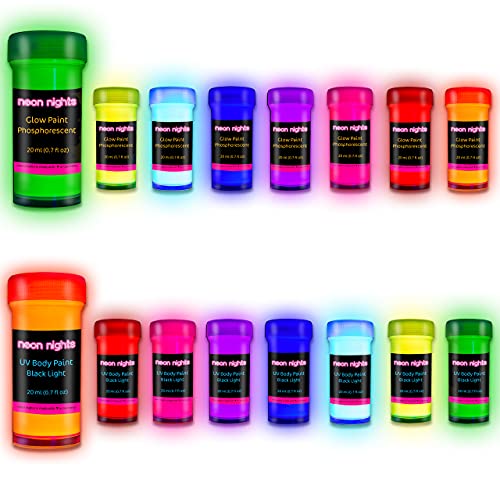 Combo Set | Premium Glow In The Dark Acrylic Paint Set & Uv Black Light Body Paint By Neon Nights – Set Of 16 Professional Grade Self-Luminous Neon Craft Paints & Fluorescent Face Paints #TOP27