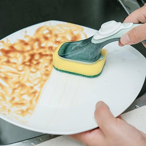 Miniatura 5 de CQT Cepillo dispensador de jabón limpiador de platos con asa cepillo de lavado de cocina para limpieza de fregadero empaquetado con 1 cabezal de