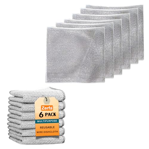 Image of Zerfa 6 Pcs Non-Scratch Wire Dishcloth, Multipurpose Wire Dishwashing Scrubber for Wet and Dry, Easy Rinsing, Reusable, Wire Cleaning Cloth for Kitchen, Sinks, Pots, Pans