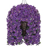 HyeFlora Artificial Faux Hanging Flowers Plants Basket for Outdoor Outside Porch Decoration, UV Resistant Fake Silk Purple Morning Glory Trailing Vines Realistic for Summer Home Balcony Yard Patio