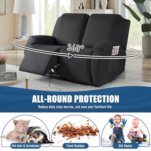 Image of TAOCOCO Recliner Loveseat Slipcover, 2 Pieces Polyester Fabric Stretch Sofa Covers for 2 Seat Reclining Couch, Soft Washable Furniture Protector with Pockets (2 Seat, Black)