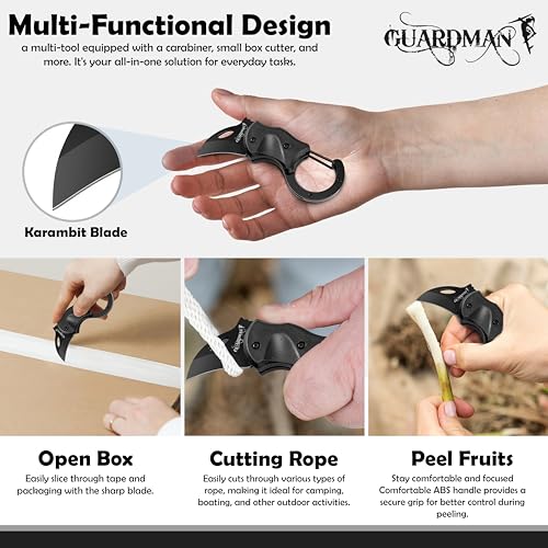 Image of GUARDMAN Fathers Day Gift for Men Keychain Carabiner Pocket Knife Folding EDC Blade with Clip Mini Stainless Steel Utility Knife for Men | Camping, Hiking, Fishing, Survival Tool - 1 Pack