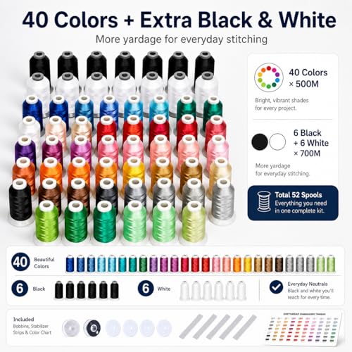 Image of Simthread 52pcs Polyester Embroidery Thread Kit 40 Colors Black White | 52-piece kit includes 40 colors plus black and white spools for smooth polyester embroidery and sewing machine projects.