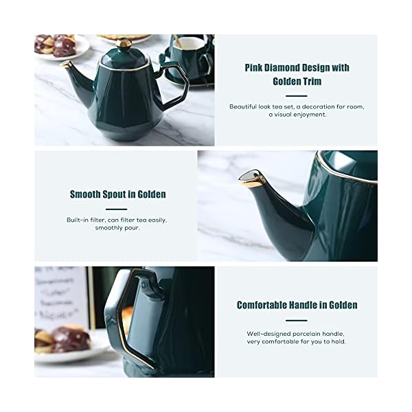 DUJUST 14 pcs Tea Set of 6 with Tea Tray & Spoons, Modern Diamond