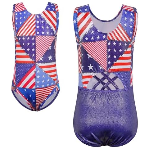 XFGIRLS Gymnastics Leotards for Girls Sleeveless Patchwork US Flag Design Ballet Dancing Uniform Tumbling Athletic Outfit Cover