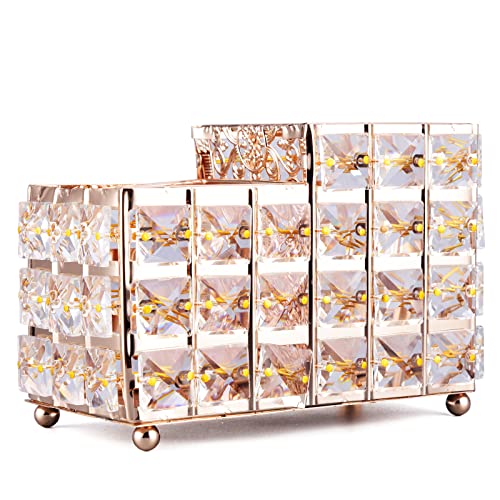 K COOL Crystal Makeup Brush Holder 2 Slot Hexagon Cosmetics Brush Eyeliner Display Cup Home Decorative Makeup Organizer Tabletop Candle Pen Pencil Holder for Office Hotel Dresser Bathroom-Gold
