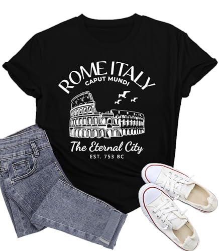 Wlen Travel Shirts for Women Rome Italy Travel T-Shirt The Eternal City Print Tee Tops Black