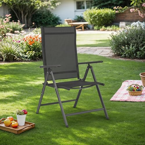 SONGMICS Gartenstuhl, faltbar, 2 Stück, Sitz, für den Außenbereich, Metallrahmen, Rückenlehne in 8 Positionen verstellbar, Tragfähigkeit 150 kg, Schwarz GCB29BK