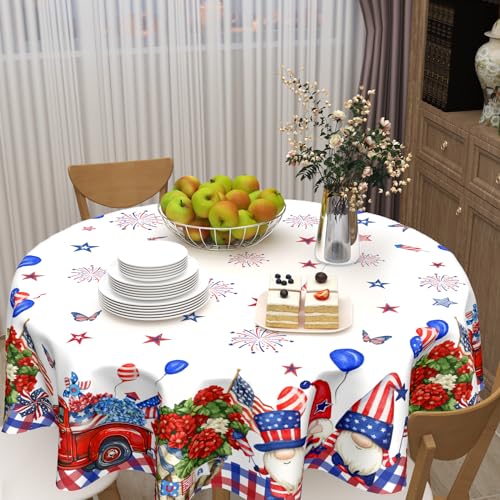 4th of July Tablecloth Round 60 Inch Independence Day Gnome Truck Table Cloth Circle Patriotic American Flag Star Memorial Day Washable Reusable Polyester Table Cover for Dining Kitchen Party Decor by Vrysenium - Used condition - Image 6