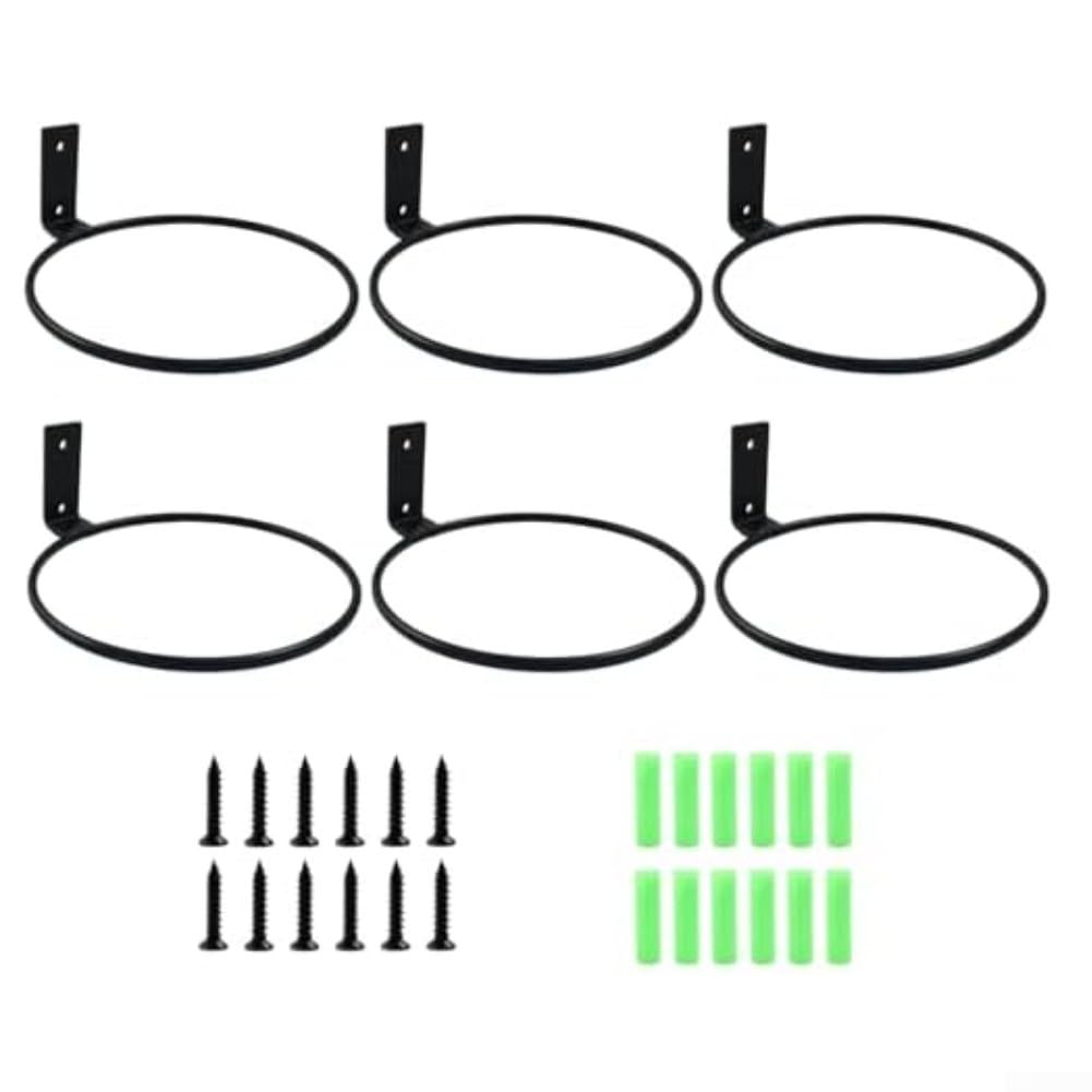 6 Pack Metal Wall-Mounted Plant Hanger Rings, 5 Inch Black Flower Pot Holder Brackets with Screws for Indoor Outdoor Garden Decor