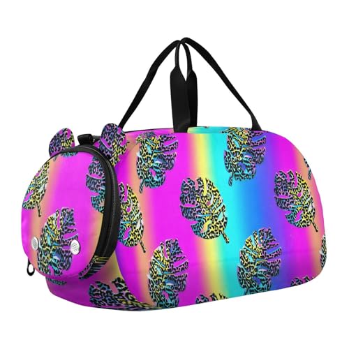 Duffle Bag for Boys or Girls with Shoes Compartment, Laser Rainbow Leaf Sports Travel Bag Overnight