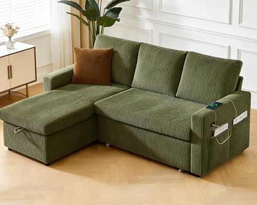 Image of WEUP 82 inch L Shaped Sectional Sleeper Sofa Bed with Pull Out Bed, Sectional Sleeper Couch Pull Out Couch with Reclining Backrest /Reversible Storage Chaise /USB Ports /Tool-Free Assembly, Corduroy Green