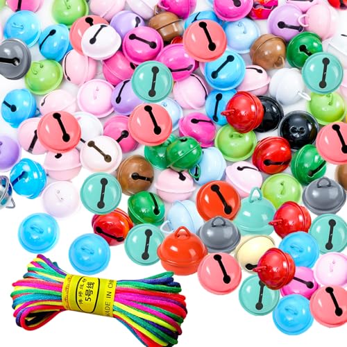 60 Stück Glöckchen Zum Basteln 22mm, Bunt Kleine Glöckchen,mit bunt Seil für Handwerk Schmuck Weihnachtsdekoration Haustier Glocken