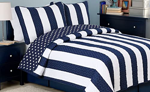 Cozy Line Home Fashions Sailor Popeye 's Bedding Quilt Set, Nautical Navy Blue White Star Striped 100% Cotton Reversible Coverlet Bedspread for Kids Boy (Sailor Star, Queen - 3 Piece)