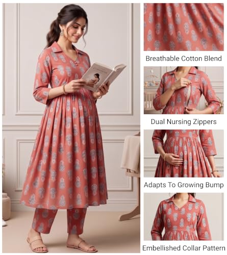 Image of DUMMY SHAPE Maternity Dresses for Women Cotton | Floral Kurta Pant Dupatta Set with Nursing Zippers, Side Pocket | Pre & Post Pregnancy | Feeding Kurti Suit | Baby Shower | Gifts for Pregnant Woman