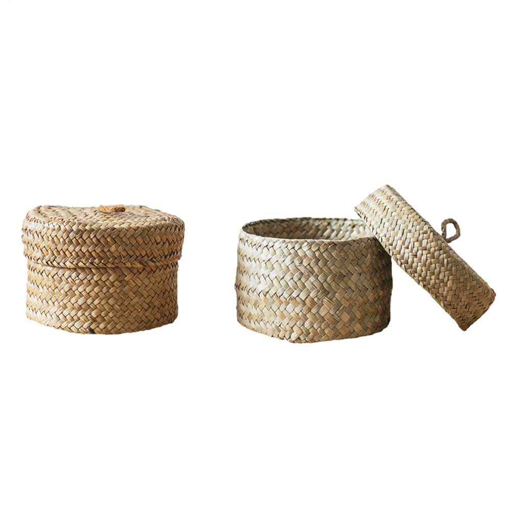 Veeteah 2Pack Small Round Seagrass Storage Baskets With Lids - Cylinder Woven Shelf Baskets - Organizer Case For Pantry Shelves Cabinets