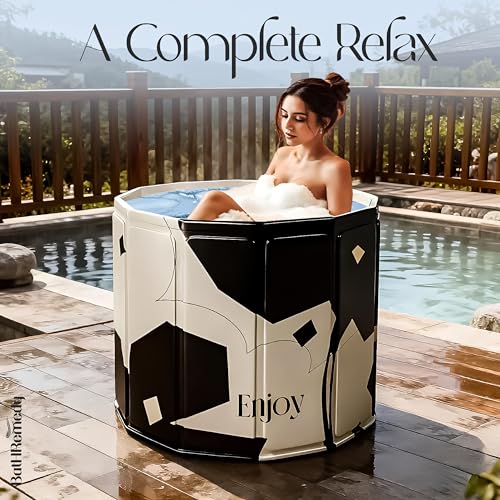 Image of Bath Tub for Adult for Bathroom, Foldable SPA Tub for Home Use with Drainage Hole, Thickened Insulated Ice Bath Tub, Inflatable BathTub for Adults, Ice BathTub for Adults (Black Flower)