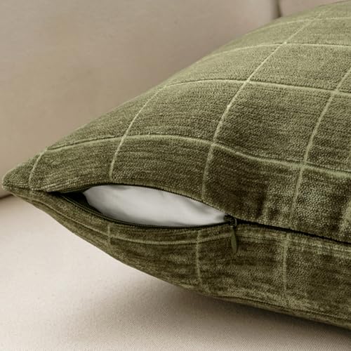 Image of MIULEE Olive Green Plaid Decorative Throw Pillow Covers 18x18 Set of 2 | Vintage Check Chenille Couch Pillows Neutral Boho Farmhouse Cushion Covers Modern Home Decor for Sofa Bed Living Room