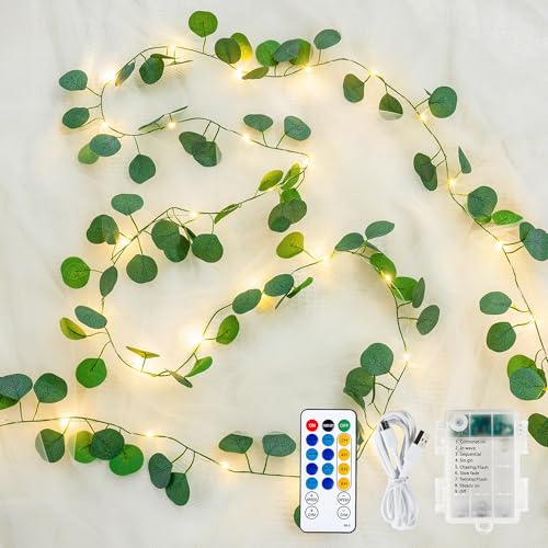 Pellimo Eucalyptus Garland with 40 LED Fairy Lights – Lighted Greenery Vine with Remote & Timer, Dual Power (USB/Battery), IP44 for Cozy Home, Mantel, Wedding & Spring Summer Decor