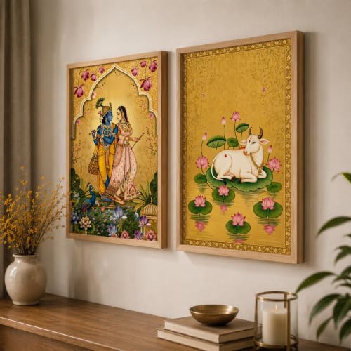 Image of TheMakerly Traditional Indian Wall Painting Set of 2 | Radha Krishna Wall Art Frames | Vintage Religious Wall Decor for Living Room Bedroom Home Temple (KR03, 13x19 inches)