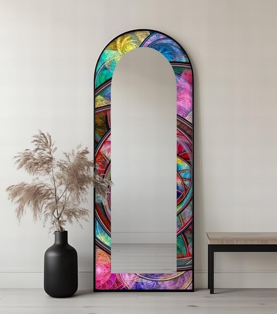 23,5’’W x 67’’H Kaleidoscope Fusion Rings – Abstract Floor Mirror Arched Full Lenght Mirror - Arch Full Body Stained Floor Mirror with Black Frame with Silver Frame