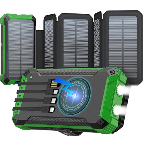WASTDE Solar Power Bank 26800mAh with 5 Solar Panels 4 Cables Wireless Power Bank 6 Outputs 3 Inputs Power Bank Fast Charging 15W Built-in Dual Flashlights Carabiner for Outdoors (Green)