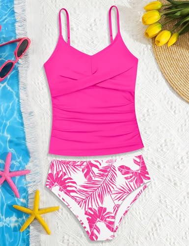 Image of Girls Swimsuit 2 Piece Bathing Suit Criss Cross Ruched Girl Tankini Sets Printed Girls' Swimwear for 9-18 Years