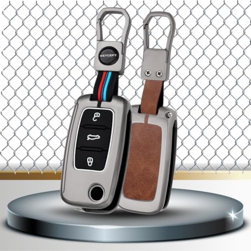 Image of KEYCEPT Premium 3 Button Remote flip Key Shell Compatible for Skoda Octavia, Laura, Superb, Fabia, Rapid, Polo, Vento, Jetta, Ameo, Passat. (Metal Dual Black & Tan)