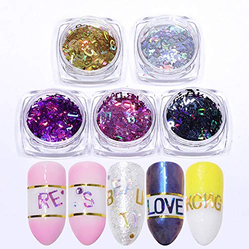 Nail Art Accessories Letter Nail Sequin Sparkle Glitter Decals for Nail 3D Mixed Laser Holographic Nails Pailette Letter Flakes Manicure Nail Art Decoration Charms DIY Nail Art Tips 5 Color