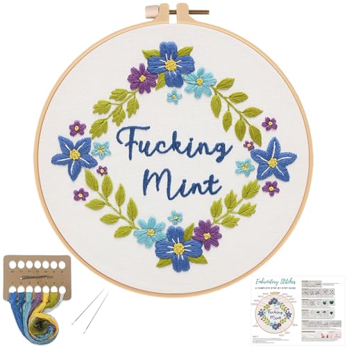 Image of Louise Maelys Funny Flower Wreath Embroidery Kit for Beginners and Adults | DIY Needlepoint Kit with Pre-Printed Fabric, Hoop, Threads, Needles and Guide. Cross Stitch Kits for Floral Crafts