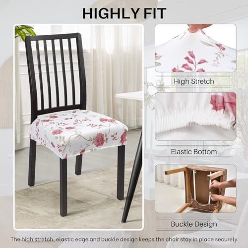 Image of SearchI Stretch Dining Chair Seat Covers Set of 6, Soft Removable Washable Seat Covers for Dining Chairs, Dining Room Seat Cover Protector (Rear-Covered, Pink Flower)