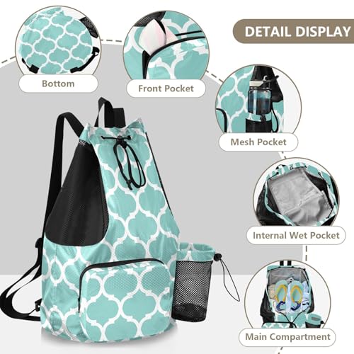 Teal Moroccan Drawstring Gym Backpack for Men Women Pull String Sports Swim Bag with Mesh Pocket & Adjustable Strap Outdoor Casual Portable Bag for Outdoor Travel Swimming3