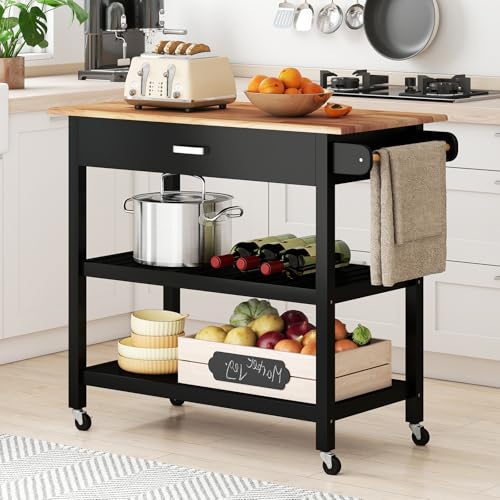 GIANTEX Desserte Cuisine, Porte-Serviettes, Plan de Travail en Bois d'Hévéa, Desserte à roulettes, 1 Tiroir, 2 Étagères Ouvertes, Cadre en Bois de Pin,...