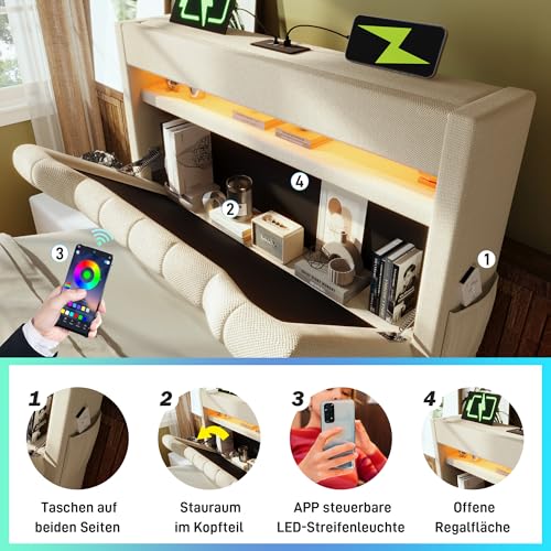 Cama Tapizada 90 x 200 cm con Cabecero de Almacenaje en Lino, USB y Type-C, Iluminación LED en Cabecero y Pie de Cama, Cama Individual con Somier y Baúl Hidráulico para Dormitorio, Beige, Con Colchón - imagen 4