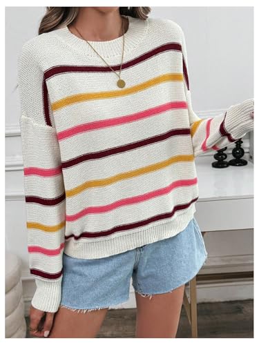SweatyRocks Women's Striped Sweater Crewneck Drop Shoulder Long Sleeve Knit Pullovers Top3