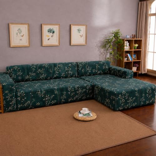 Image of Gifts Island Premium 160GSM Super Soft Green Stem Stretchable Sofa Cover L Shape 5 Seater Fully Covered | Suitable for Both Left and Right Side Chaise Sofa (Green Stem, 3+2 Seater)