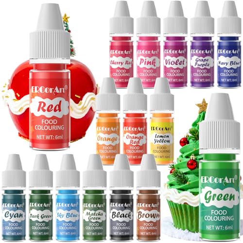 ERCorArt - Food Coloring Liquid - 16 Colors Food Coloring, Food Grade Vibrant Food Dye, Tasteless Food Color Set for Cake Decorating, Easter Egg, Cooking, Fondant - 0.25 Fl Oz