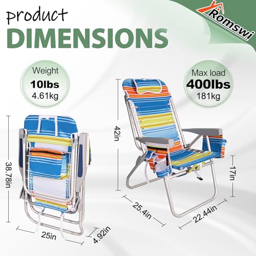 Image of Romswi Tall Beach Chair Extra Wide for Adults, 17 inch High Seat Backpack Beach Chair with Cooler Bag, Cup & Phone Holder, 5-Position High Back Reclining Chair with Towel Bar & Zipper Pocket, Colored