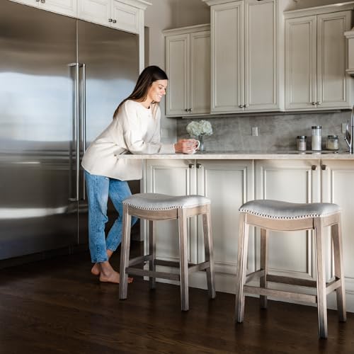 Image of Maven Lane Adrien Backless Counter Stool - Set of 4 - 26 Inches - Saddle Stool with Footrest - Grey Solid Wood Frame & Grey Fabric Upholstery - Perfect for Kitchen Islands & Counters