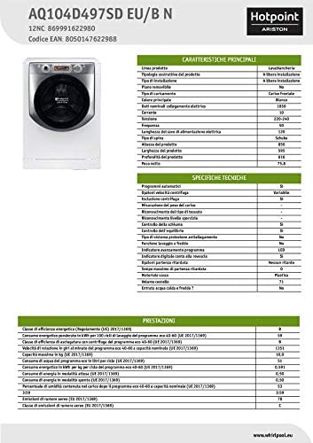 Hotpoint AQ104D497SD EU/B N, Lavatrice a Carica Frontale a Libera  Installazione,10kg, 1400 GIRI/MIN, B : Amazon.it: Grandi elettrodomestici