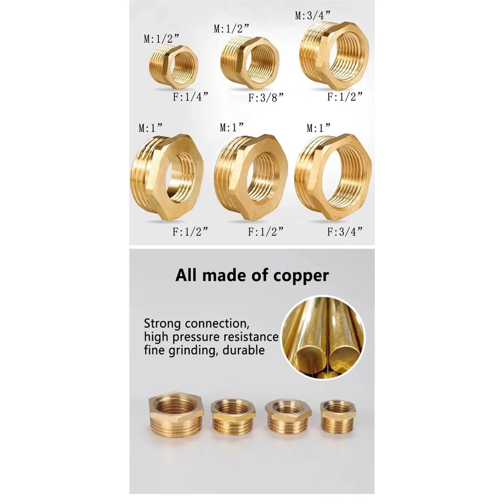 Accesorio de tubería reductor de buje hexagonal de latón, rosca F a M, conector adaptador de cobre para agua y gas, 1/8, 1/4, 3/8, 1/2 y 3/4, 20 unidades