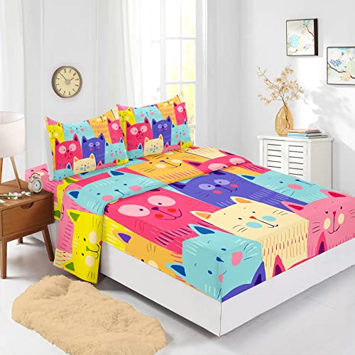 Bailipromise Kawaii Cat Sheets Twin Size 3 Piece For Girls Kids Cute Cat Lover Bedding Sheet Set Kitty Animal Printed Flat Sheet Fitted Sheet Deep Pocket 100% Microfiber #TOP13