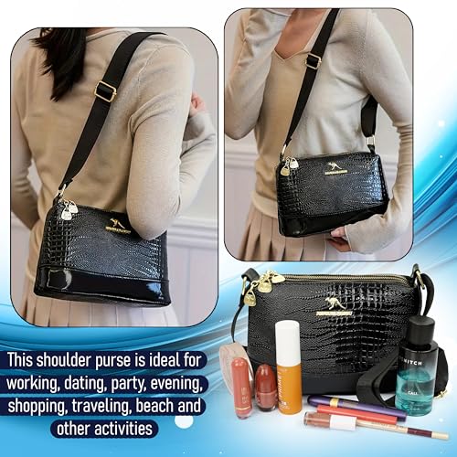Image of Storite Small PU Leather Women Tote Bag, Glossy Texture Fashionable & Party Sling Bag, Pillow Shoulder Crossbody Bag with Adjustable Strap-Black (25x15x9 cm)