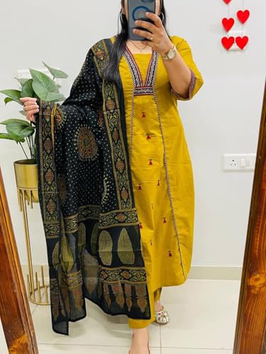 Image of ANNI Designer Navy Blue Pure Cotton A-Line Kurta Pant Dupatta Set for Women | Embroidery 3 Piece Suit with Straight Pants & Matching Dupatta | Festive Office Ethnic Wear