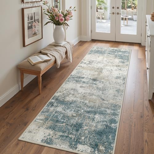 Image of BEIMO Runner Rug for Hallway Kitchen, 2'6 inchx6' Machine Washable Runners Rug for Entryway, Soft Modern Abstract Throw Rugs, Low Pile Floor Cover with Non Slip Backing, Navy Beige