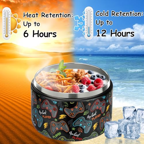 12oz Insulated Vacuum Food Jar with Buckle Lid Wide Mouth Soup Thermo for Hot Food Kids Leakproof Stainless Steel Lunch Container (Black-Game)