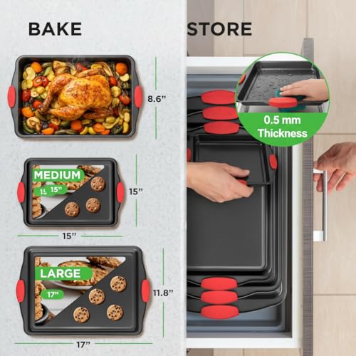 Image of NutriChef 3-Piece Cookie Sheets for Baking, Non-Stick Baking Pans Set with Silicone Handles, Stackable Oven Trays in Small, Medium & Large Sizes for Professional and Everyday Use, 2026 Edition